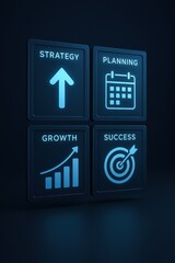 This futuristic business dashboard visually represents strategy planning growth and success as key drivers for effective decision-making and sustainable work progress