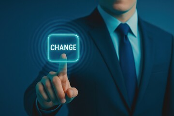 A businessman uses a digital interface to initiate change symbolizing strategy and decision-making that drives business growth and innovation