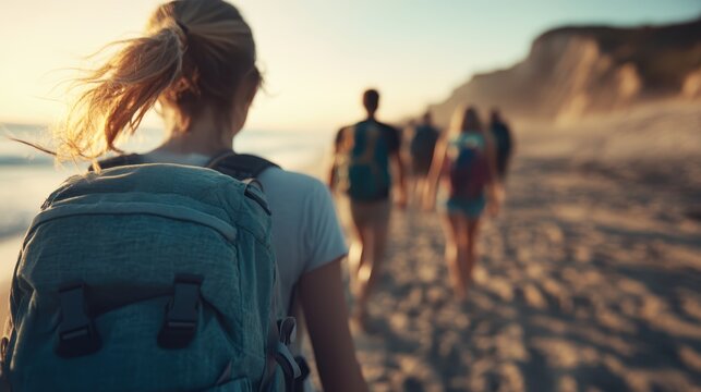 A group of friends walking along a sunlit beach during sunset, symbolizing friendship and unity, evoking feelings of peace and connection with nature.