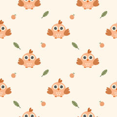 Bird cartoon so cute. On orange leaf background. Pattern seamless vector illustration. 