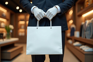 personal shopper carefully selecting luxury items in a high-end boutique, with a shopping bag in hand