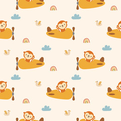 Monkey in airplane yellow cartoon so cute. On cloud bird rainbow background. Pattern seamless vector illustration. 