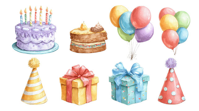 Watercolor birthday set featuring a purple cake with lit candles, a slice of layer cake, colorful balloons, party hats, and wrapped gift boxes, all on a transparent background