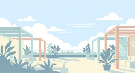 Naklejka premium Rooftop Terrace View Illustration in Pastel Colors