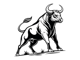 bull silhouette standing on a rocky outcrop,  bull in a dynamic pose, suitable for logo design, merchandise, or any project needing a strong visual element, silhouette, animal, power, stock market, ve