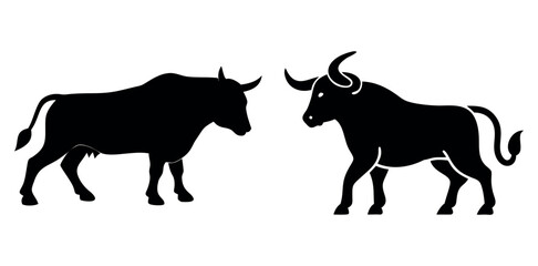 Silhouette Bull Vector, black silhouettes of bulls, each in profile view, against a pure white background, bull, cattle, cow, silhouette, animal, livestock, agriculture, farm, profile view, graphic, v
