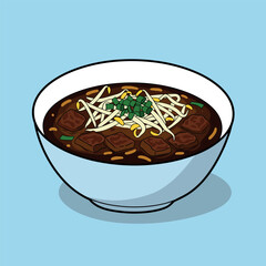 delicious indonesian food and flat cartoon style bowl of rawon