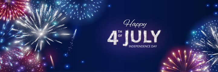4th of July Independence Day background. Shining red, blue and green fireworks in corners. American flag colors. Dark blue night sky. Happy 4th of July text. Great for social media banners. Vector