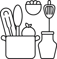 Still Life Drawing of Kitchen Utensils and Vegetables.