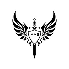 AAB Black and White Heraldic Emblem with Wings and Sword, AAB Later Logo, Guardian Angel Sword and Shield Tribal Vector, Winged Sword and Shield Logo Design with Tribal Style. 
