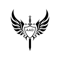 AAD Black and White Heraldic Emblem with Wings and Sword, AAD Later Logo, Guardian Angel Sword and Shield Tribal Vector, Winged Sword and Shield Logo Design with Tribal Style. 
