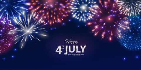 4th of July Independence Day background. Shining red, blue and green fireworks in corners. American flag colors. Dark blue night sky. Happy 4th of July text. Great for social media banners. Vector