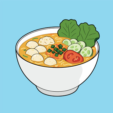 bowl of noodles with vegetables, blue background clip art preview