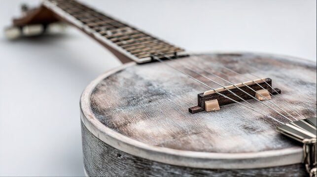 Serene Banjo Instrument Artistic Woodgrain Display Gentle Lighting Musical Artistry Rustic Charm Melancholy Mood Evocative Stringed Instrument Quiet Harmony
