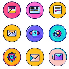 Colorful icons showcase digital communication messages and modern settings in a bright playful arrangement with shadow