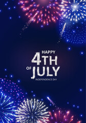 4th of July Independence Day poster. Shining red, blue and green fireworks backgrounds. American flag colors. Dark blue night sky. Happy 4th of July text. Great for social media banners, cards. Vector