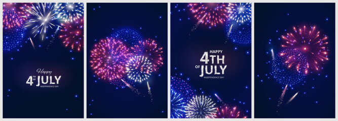 4th of July Independence Day posters. Shining red, blue and green fireworks backgrounds. American flag colors. Dark blue night sky. Happy 4th of July text. Great for social media banners, cards.Vector