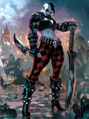 Fototapeta premium A fierce warrior stands resolute in the midst of a chaotic storm, clad in a striking black and red bodysuit, wielding two daggers and exuding readiness.
