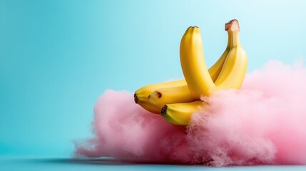 Three ripe bananas emerge playfully from a billowing pink cloud, creating a whimsical and imaginative composition that combines bright colors and playful imagery.