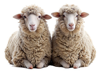  two merino wool sheep sitting isolated on white background, PNG