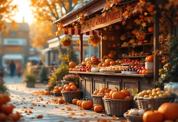Fototapeta premium Autumn Harvest Market with Pumpkins and Seasonal Produce Display