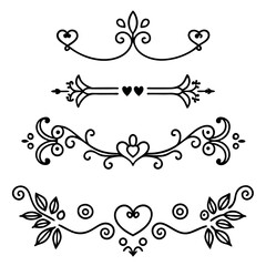 Elegant vector illustrations of decorative dividers featuring hearts and floral elements