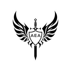 Obraz premium AEA Black and White Heraldic Emblem with Wings and Sword, AEA Later Logo, Guardian Angel Sword and Shield Tribal Vector, Winged Sword and Shield Logo Design with Tribal Style. 