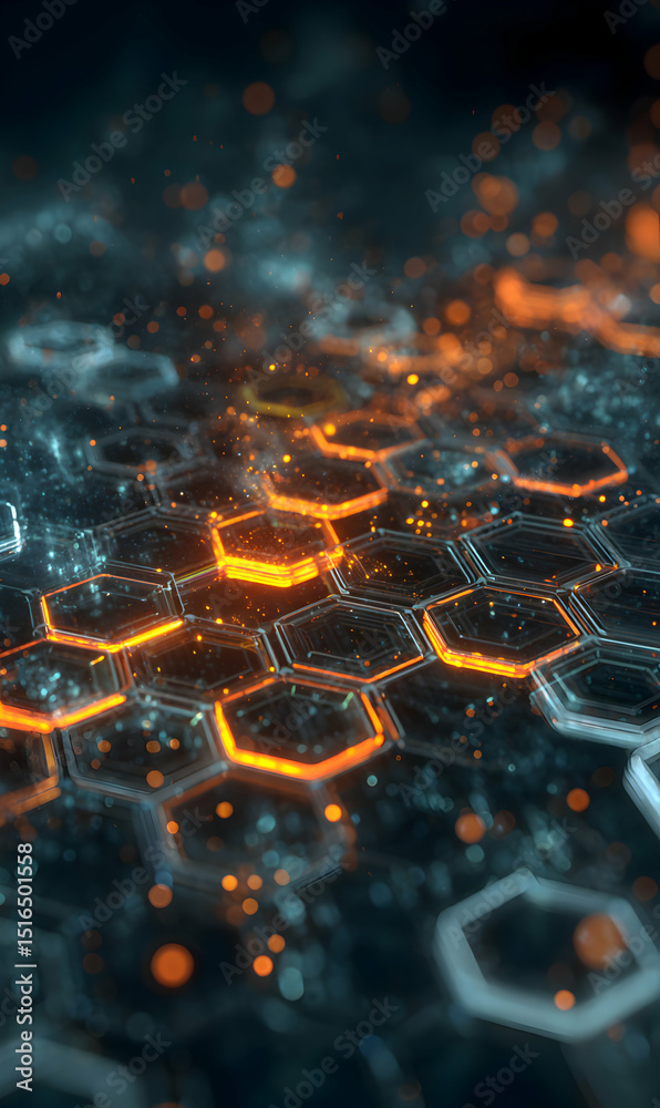 Poster abstract futuristic technology background featuring glowing hexagonal shapes creating a digital netw