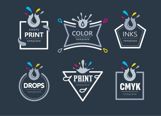 Set Logo Printing CMYK Color Style Drops inks. Template design vector. Black background.