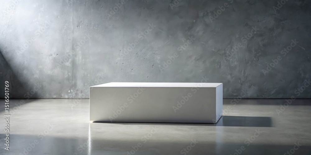 Poster A pristine white block rests on a polished concrete floor, bathed in the soft glow of natural light against a textured gray wall.