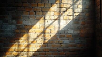 Sunlight streaming through unseen window panes illuminating an old brick wall in golden hues creating a warm interior