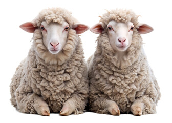 Fototapeta premium two merino wool sheep sitting isolated on white background, PNG