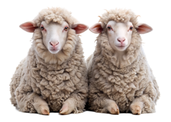  two merino wool sheep sitting isolated on white background, PNG