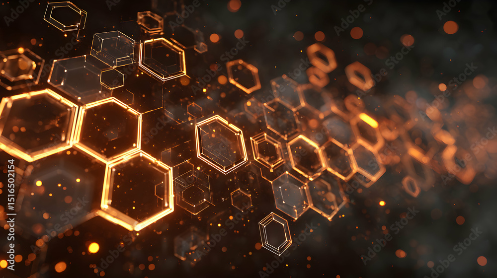 Poster futuristic technology background with glowing hexagons forming a complex interconnected network desi
