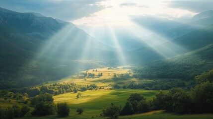 A tranquil valley awakes as sunlight pierces through the clouds painting the green landscape with radiant light and mist