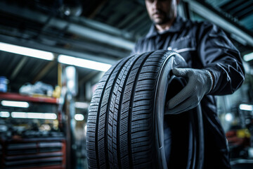Close-up photo of a car mechanic wearing a dark uniform and protective gloves, holding a car tire upright at a well-lit auto repair garage, focus on the tire tread and mechanic's hands. 