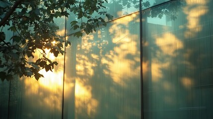 Capturing fleeting sunlight filtering through leaves and casting ethereal shadows on a textured glass building facade in