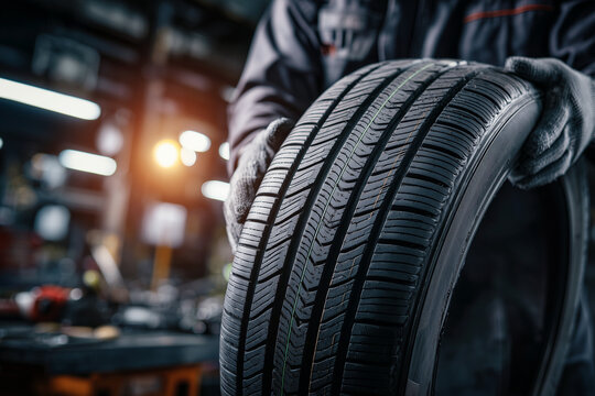Close-up photo of a car mechanic wearing a dark uniform and protective gloves, holding a car tire upright at a well-lit auto repair garage, focus on the tire tread and mechanic's hands. 