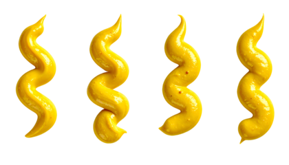 set of four vertical zigzag mustard lines in different shapes, glossy yellow condiment elements on isolated background
