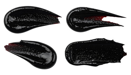 Fototapeta premium collection of four elongated black garlic sauce smears with glossy texture for gourmet food decoration on isolated background 