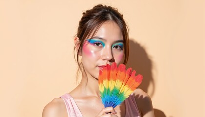 Vibrant Young Woman with Colorful Makeup Holding Rainbow Fan Against Peach Background