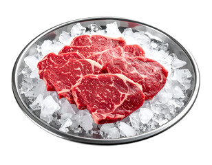 fresh raw beef steak slices on crushed ice in stainless steel tray on isolated background
