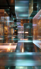 Abstract futuristic architecture with metallic cubes in a surreal perspective, an immersive installation creating depth and wonder, contemporary and innovative