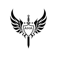 AHA Black and White Heraldic Emblem with Wings and Sword, AHA Later Logo, Guardian Angel Sword and Shield Tribal Vector, Winged Sword and Shield Logo Design with Tribal Style. 
