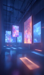 Immersive installation of nebula screens showcases digital art in a gallery like space with creative illumination