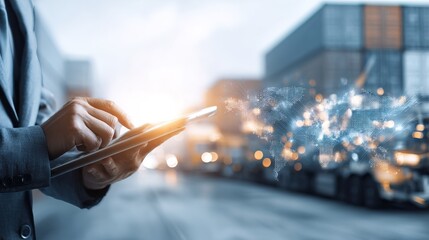 Smart Logistics Global Business and Warehouse Technology Management System Concept, Businessman using tablet control 