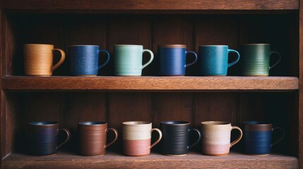 Elegant Ceramic Mugs Displayed on Wooden Shelf in Various Colors and Textures