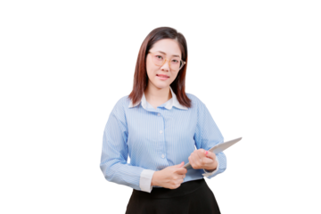Asian young beautiful woman in glasses and a striped shirt and black skirt holds a digital tablet while smiling