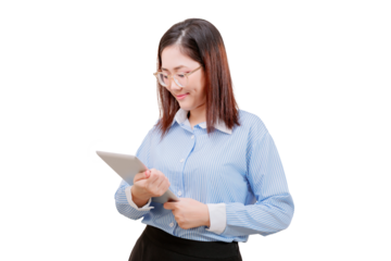 Asian young beautiful woman in glasses and a striped shirt is smiling while using a digital tablet.