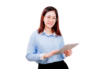 Asian young beautiful woman in glasses and a striped shirt is holding a tablet and smiling.